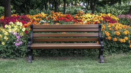 Wooden park bench amidst vibrant blooming flowers.