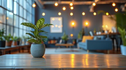 Fototapeta premium A potted plant sits on a wooden table in a modern living room, with a blue couch in the background.