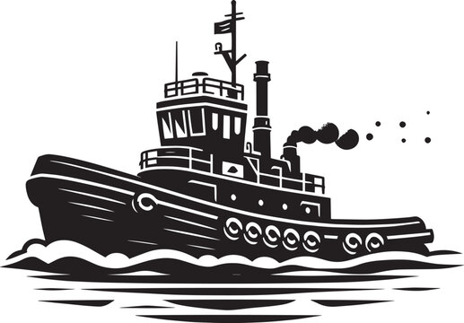 black and white tugboat on water clip art preview