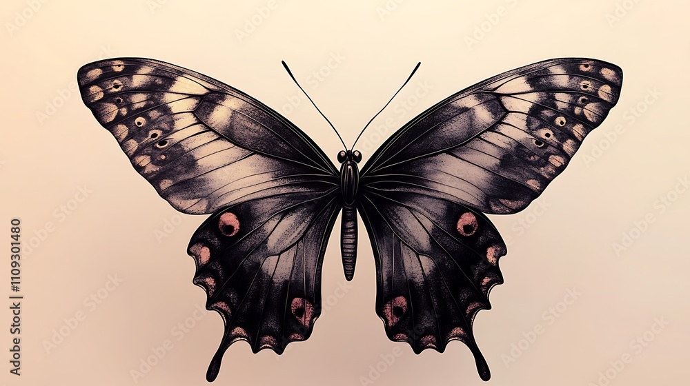 Poster detailed illustration of a large butterfly with intricate wing patterns and muted colors against a s