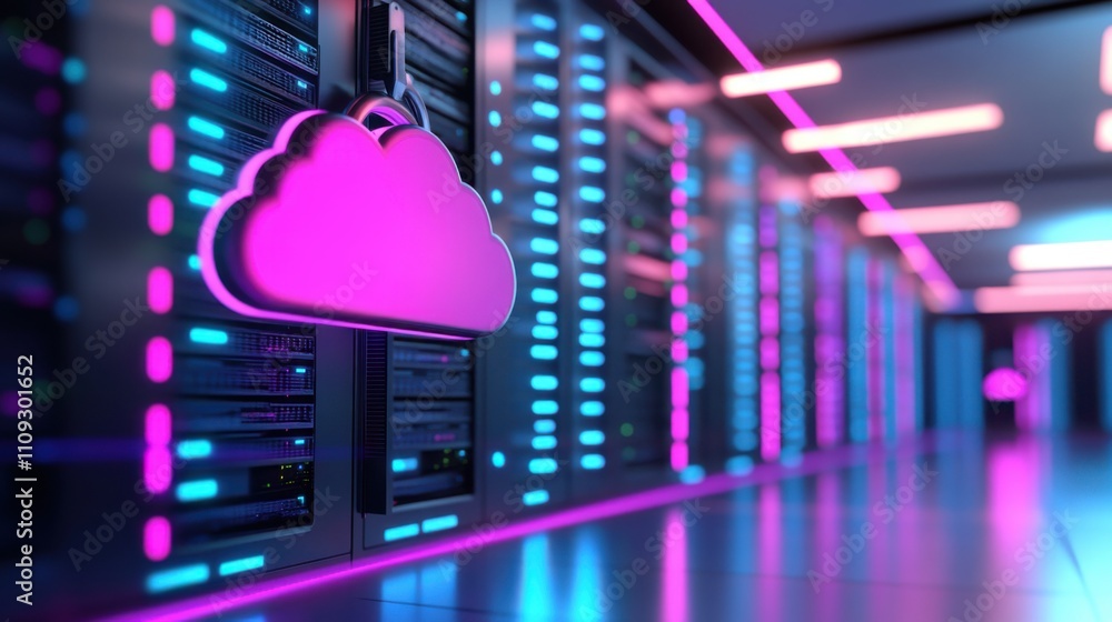 Poster futuristic data center with cloud symbol illuminated by neon lights showcasing modern technology and