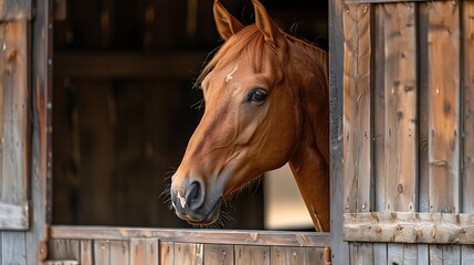 Portrait of a beautiful sorrel horse standing in a wooden stall in the stable. Agriculture and livestock. Photo of a horse.