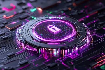Obraz premium Secure account registration. A futuristic representation of cybersecurity, with holographic locks orbiting a glowing digital ID card, abstract and vibrant colors