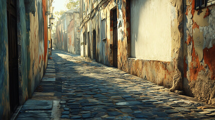 Fototapeta premium Rustic stone-paved alley with faded walls, blank rectangular frame, decorative lanterns, and rich sunlight shadows.