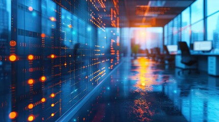 Obraz premium Abstract view of a server room with digital data