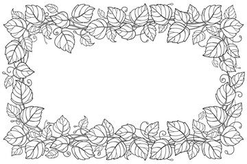 Oval frame with outline leaves in black isolated on white background. 