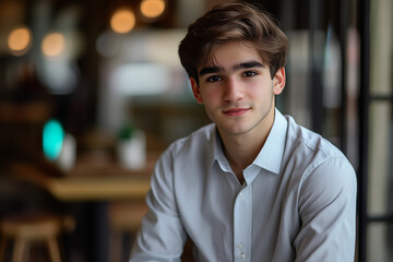 Fototapeta premium Male model in casual cafe setting wearing light gray button-up shirt ideal for design mockups