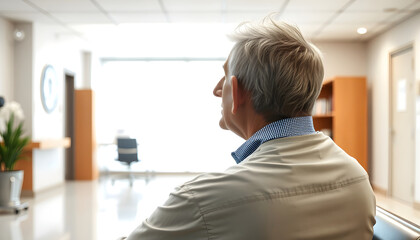 Fototapeta premium Mature man waiting in medical office with a white accent, png