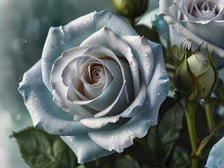 watercolor art, A pair of light blue roses, with petals slightly translucent and delicate petal details. The leaves are a soft green. The background is a pure white with a soft glow effect.
