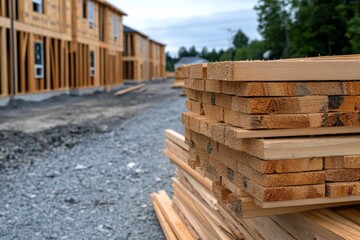 A photo of a residential construction site, with wooden frames and partially built walls visible