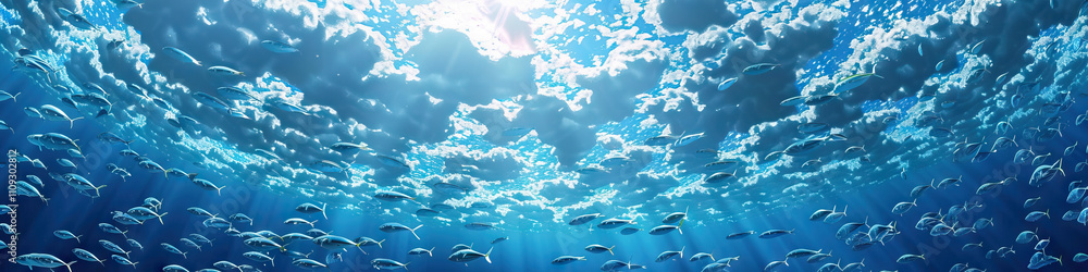 Poster mackerel sky: a sky filled with rows of small, white clouds - visualize a scene where a mackerel sky