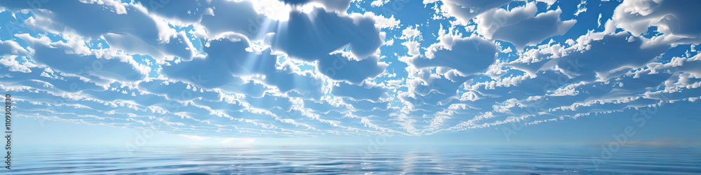 Poster mackerel sky: a sky filled with rows of small, white clouds - visualize a scene where a mackerel sky