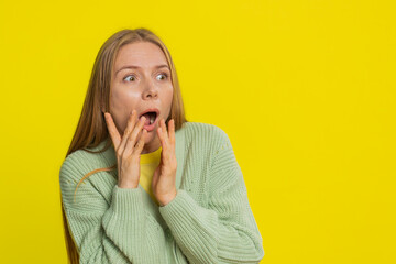 Scared fearful middle-aged woman terrified about danger problems, suffering phobia, anxiety disorder expresses fear waving no, insecure, stress, panic. Stressed depressed girl on yellow background