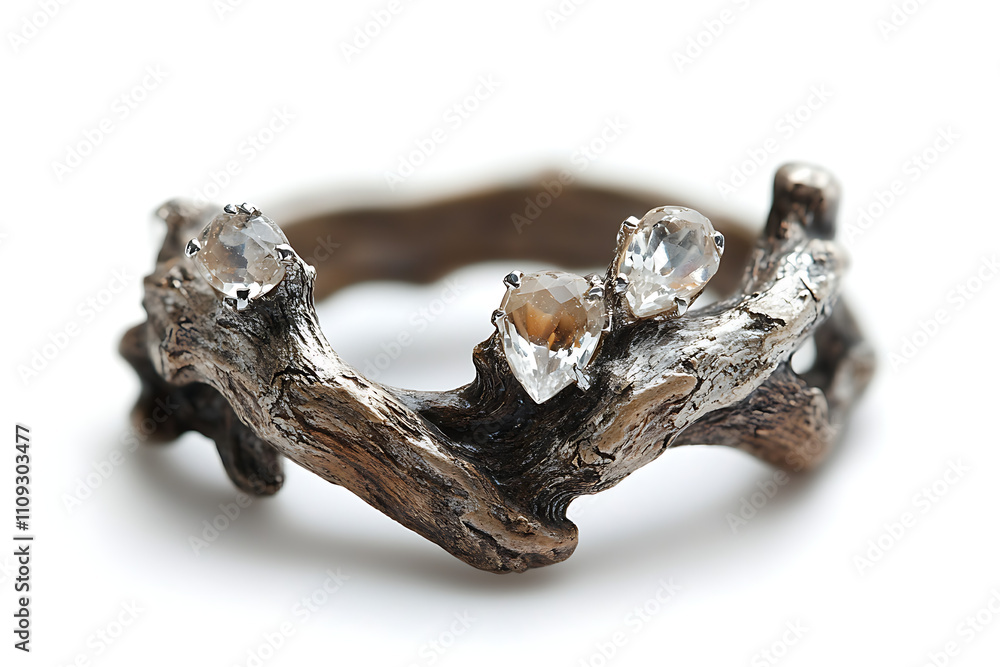 Poster a unique ring designed to resemble a branch, adorned with sparkling gemstones.