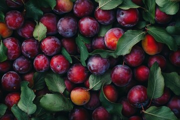 Obraz premium Close up of whole organic half ripe plums with leaves representing healthy summer produce