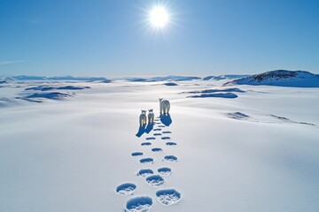 A polar bear mother leading her cubs across a snowy landscape, their paw prints trailing behind