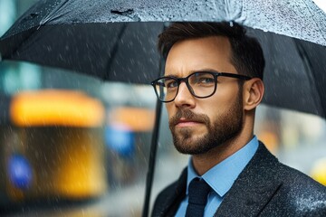 considerate entrepreneur discussing under an umbrella with glasses
