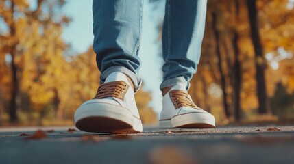 Casual sneakers walking in autumn park with colorful leaves on the ground.
