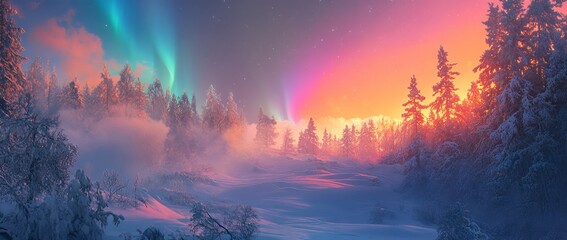Stunning Northern Lights Over a Winter Forest. AI generated illustration