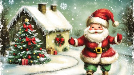 Obraz premium A joyful Santa Claus waves happily in the snow outside a beautifully decorated home, surrounded by a Christmas tree in a magical holiday atmosphere.