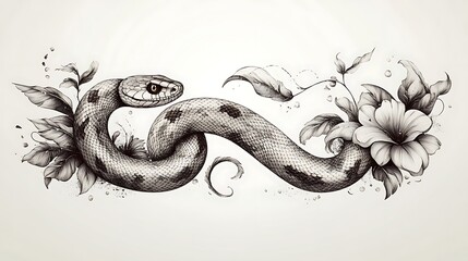 Obraz premium Detailed pencil sketch of a snake entwined with flowers and leaves.