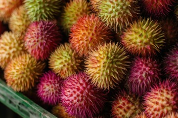 Detailed view of colorful spiky rambutan fruits in a container highlighting their distinct texture and hues in Costa Rica