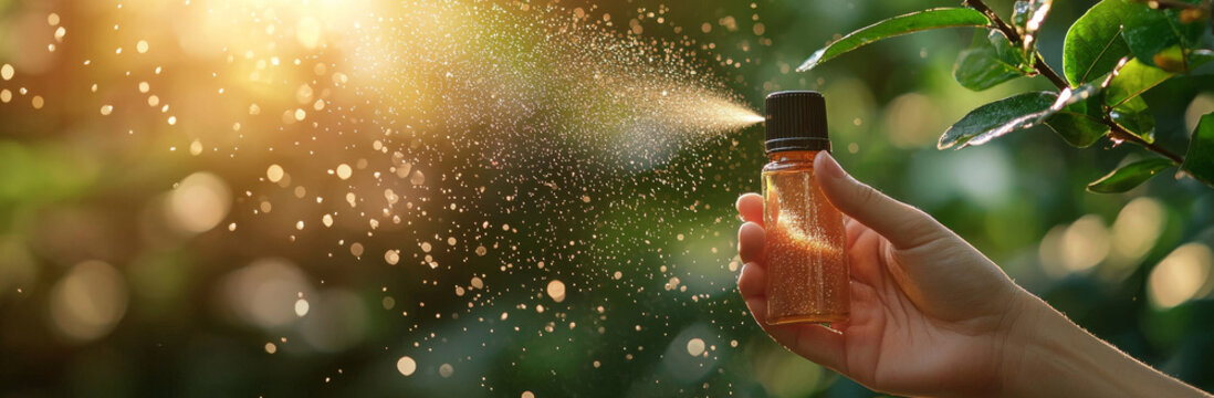 Preventing insect stings with repellent spray, focusing on protection outdoors while enjoying nature beauty