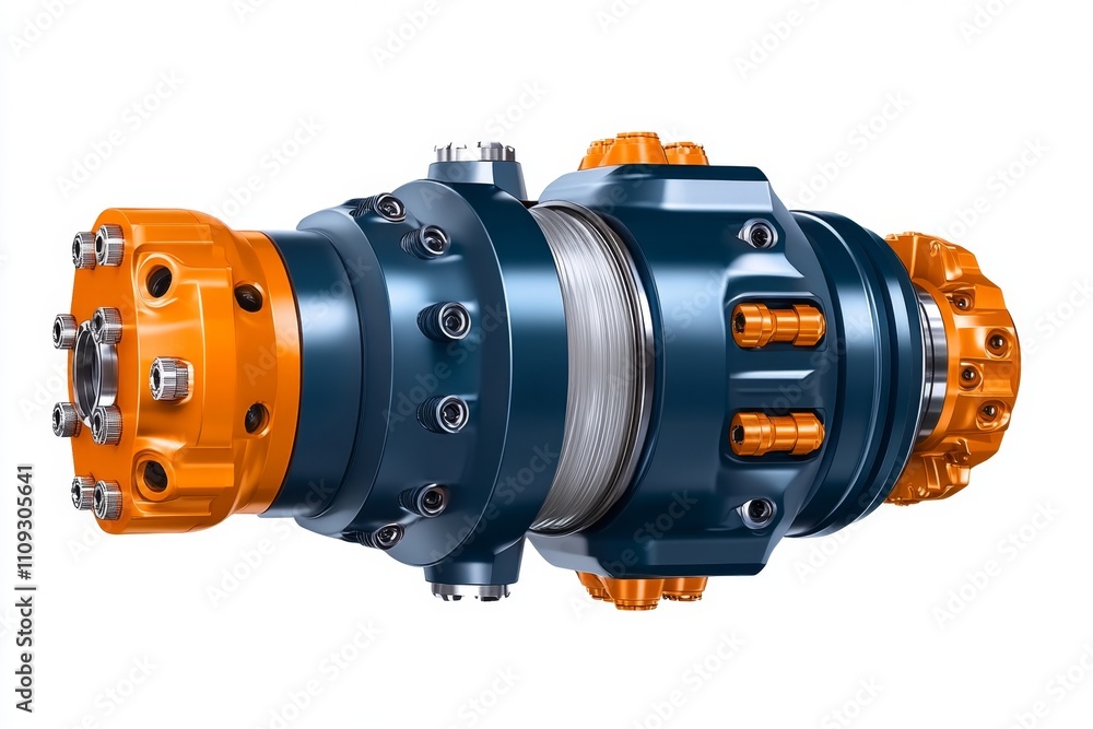 Poster a clean 2d drawing of a cnc milling head, depicted with vibrant colors and sharp details, on a white