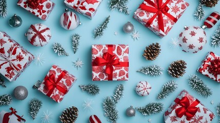青い背景に置かれたクリスマスプレゼントや松ぼっくり、オーナメント