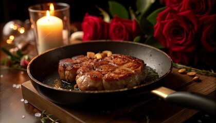 Fototapeta premium Romantic dinner with grilled steak in a pan, candlelight, red roses background 