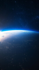 Obraz premium Mobile phone wallpaper: View of the Earth from space, with a blue glowing atmosphere, a distinct horizon line, city lights visible on the Earth's surface, and a starry sky in the background