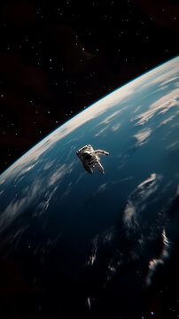 Mobile phone wallpaper: Cinematic shot of a astronaut flying above the Earth, with a dark space background, dramatic lighting