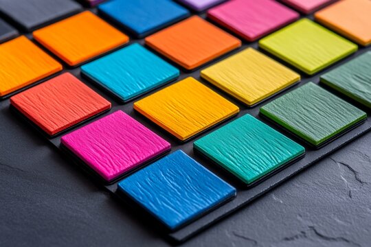 A close-up shot of a CMYK color swatch page with codes printed below each vibrant color square