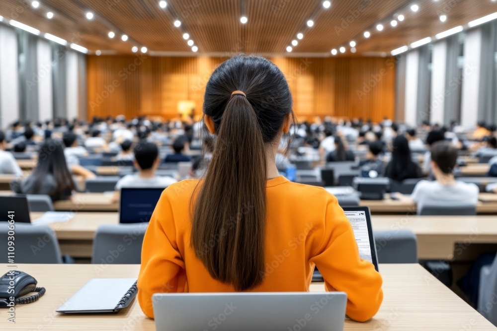 Poster a cozy university lecture hall with students typing on laptops while the professor presents a slides