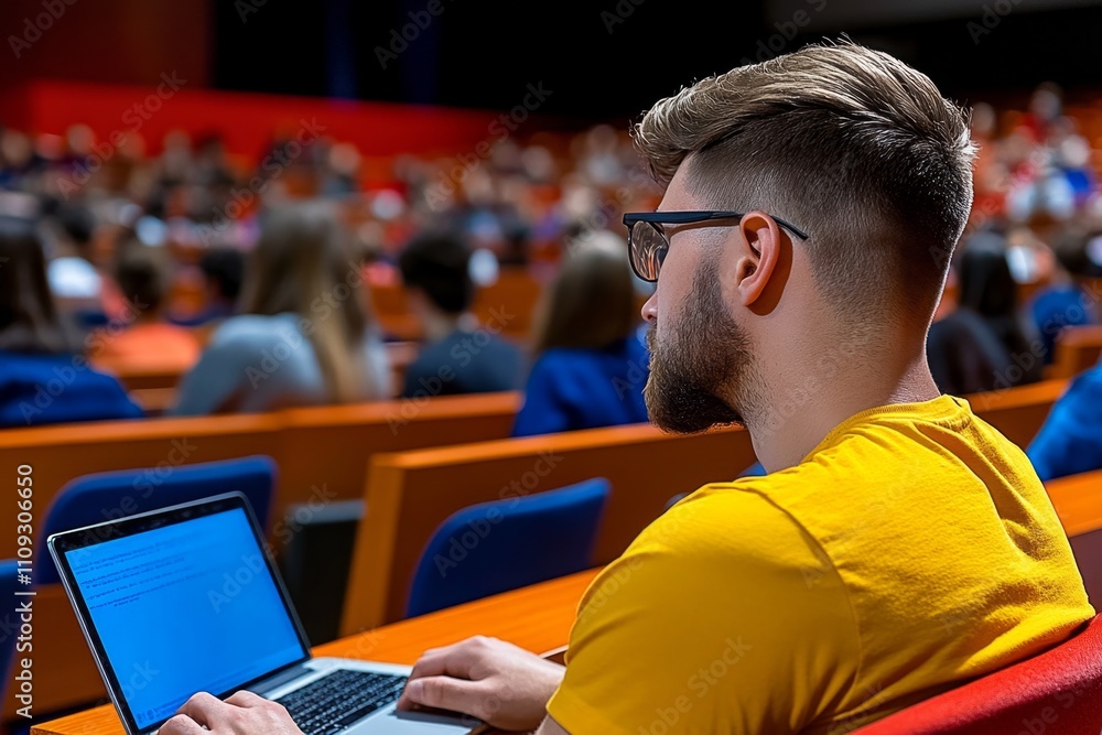 Poster a cozy university lecture hall with students typing on laptops while the professor presents a slides