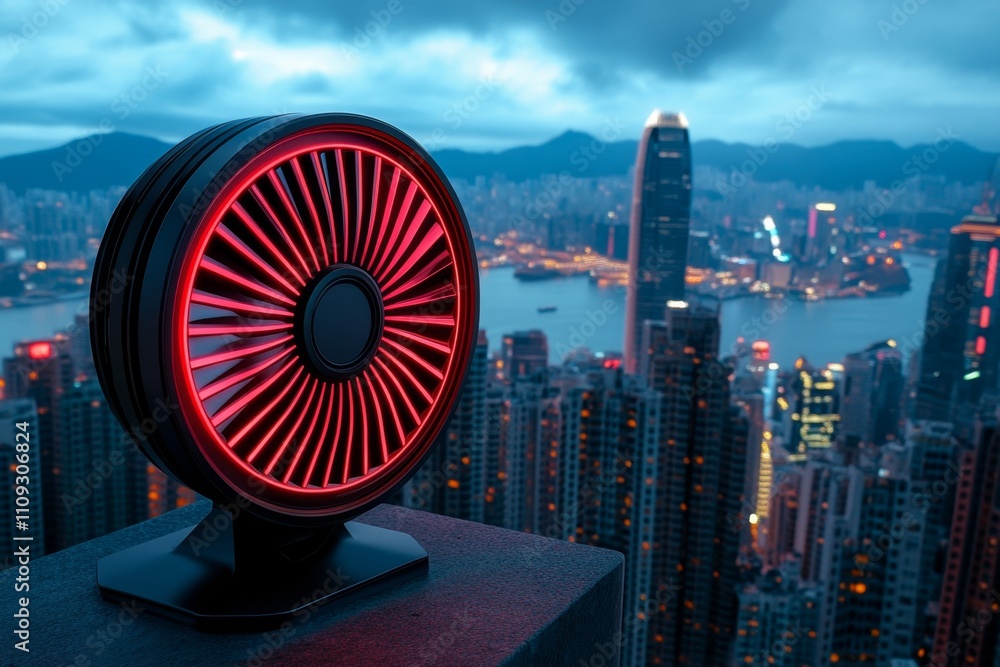 Poster a cyberpunk-inspired cmyk color swatch fan glowing with neon lights, set against a dark futuristic c
