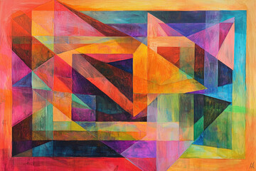 Vibrant abstract geometric painting with overlapping shapes and translucent layers.