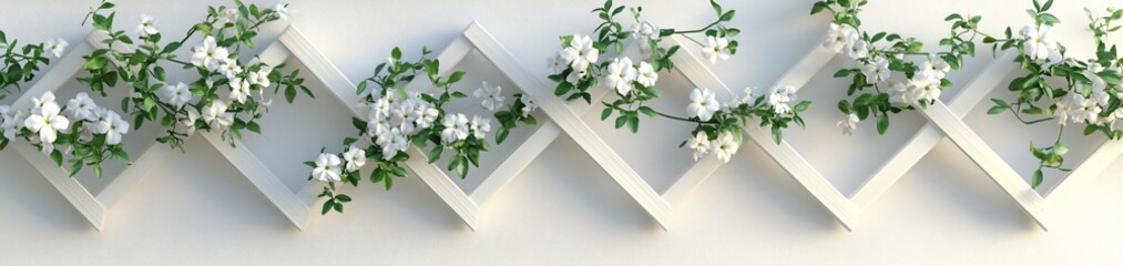 A decorative white trellis adorned with blooming white flowers against a light background.