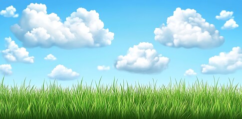 Obraz premium A cartoon-style grassy field in pastel green, fluffy white clouds, and a light blue sky.