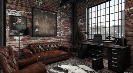 Industrial Home Office with Brick Wall and Leather Furniture. AI generated illustration