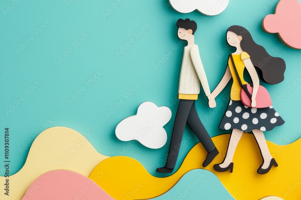 Poster a detailed 3d illustration of a couple walking through a colorful digital landscape filled with abst