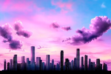 Fototapeta premium A soft watercolor painting of a city skyline at sunset, with pastel tones and a dreamy atmosphere