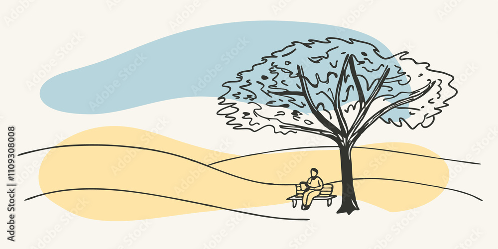 Poster cocoa and clouds a figure sits on a small bench under a tree holding a cup of hot cocoa. the sky abo