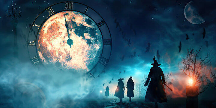 Witching Hour: A Time of Mystical Power and Dark Magic - Picture a scene where the clock strikes midnight, and witches gather to harness the mystical energies of the night