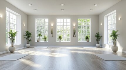 Obraz premium Serene and Bright Yoga Studio Interior with Natural Light, Modern Design Featuring Potted Plants and Spacious Hardwood Floors Perfect for Wellness Activities