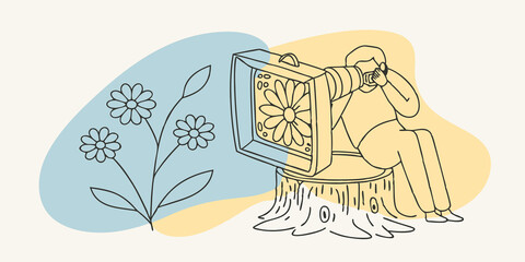 Finding Patterns Sitting on a tree stump in a meadow the photographer gazes through their vintage viewfinder captivated by the symmetry of a of daisies. The cameras mechanical