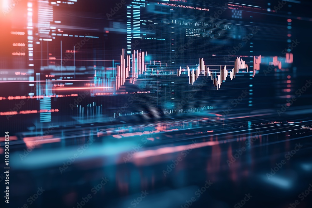 Poster a dynamic digital interface showcasing financial data with vibrant graphs and metrics, perfect for i