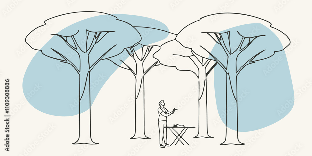 Poster Forest Gaze A figure stands beneath towering trees their watercolors and brushes tered on a small folding table. They gaze up at the dappled sunlight filtering through the leaves