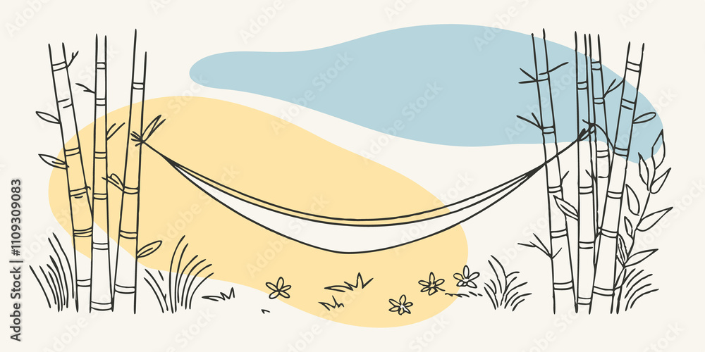 Poster Gentle Sway An illustration capturing a gentle breeze creating a rhythmic motion in the hammock surrounded by tall bamboo with small wildflowers peeking through the undergrowth