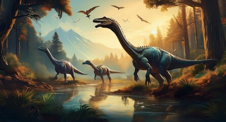 Prehistoric dinosaurs roaming in majestic forest with water and birds flying in front, adventure and nature concept